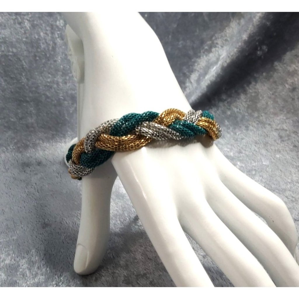Vintage Threaded Gold/Silver/Green Twisted Mesh Multi-Strand Cuff Bracelet